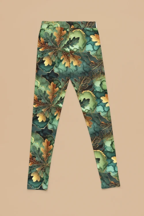 NCharnt Green and Gold Oak Leaf Leggings Laid out NCharnt Green and Gold Oak Leaf Leggings Laid out