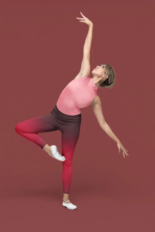 Girl dancing in NCharnt red and brown ombre workout pants Girl dancing in NCharnt red and brown ombre workout pants