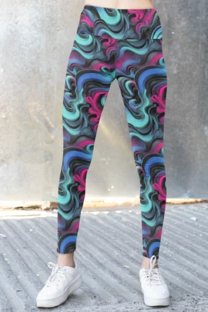 NCharnt Women's colourful activewear with blue and magenta waves on black