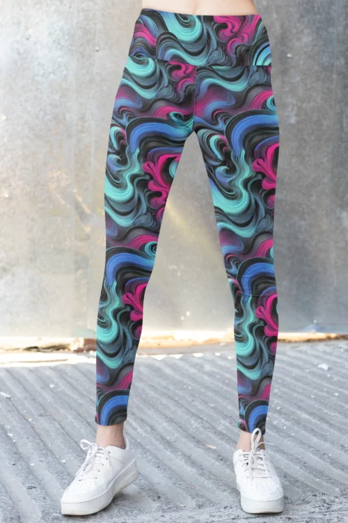 NCharnt Women's colourful activewear with blue and magenta waves on black NCharnt Women's colourful activewear with blue and magenta waves on black