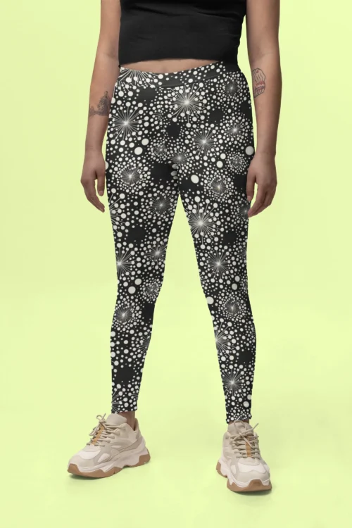 NCharnt stylish gym tights with white starburst on black NCharnt stylish gym tights with white starburst on black