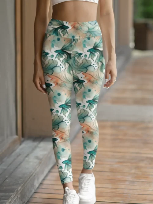 Woman walking in NCharnt peach and green ankle length women's workout tights Woman walking in NCharnt peach and green ankle length women's workout tights