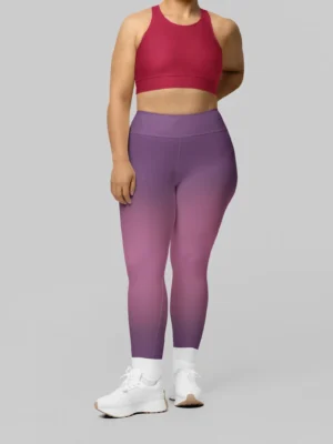 Woman wearing NCharnt versatile workout pants in purple and rose ombre Woman wearing NCharnt versatile workout pants in purple and rose ombre