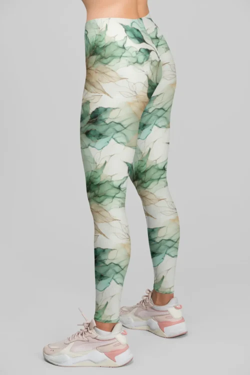 Back view of NCharnt Green and Beige Leaf Activewear for Women Leggings Back view of NCharnt Green and Beige Leaf Activewear for Women Leggings