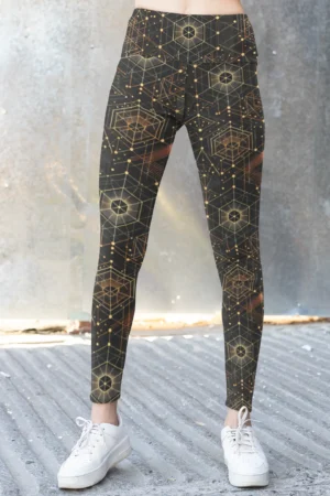 NCharnt trendy gym leggings with Celestial geometric pattern on black