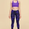 Woman standing wearing NCharnt stylish workout tights blue dots on black